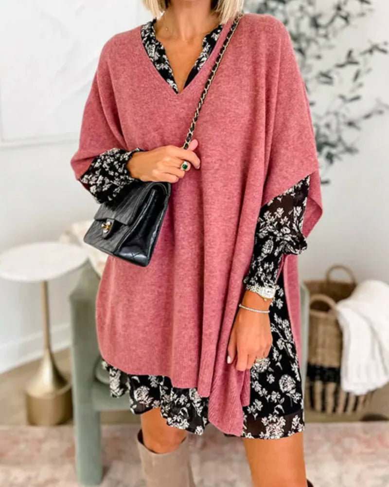 ERICA - V Neck Loose Fit Solid Poncho Tee